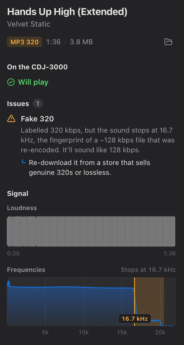 A track labelled MP3 320 with one issue, Fake 320: the sound stops at 16.7 kHz, the fingerprint of a 128 kbps file. Its frequency graph shows the cut-off.