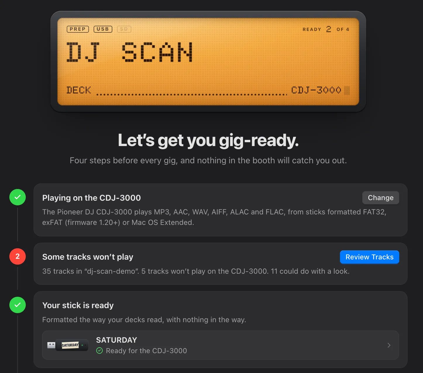 Gig Prep for a CDJ-3000: the decks are chosen, 5 tracks won’t play, the stick is ready, and a checklist for the night.